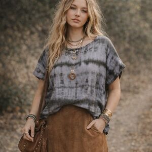 Bryn Walker Linen Art Wear Lagenlook Boho Indie Tie Dye Boxy Top size L/XL